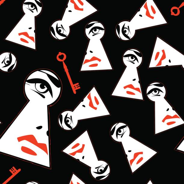 Woman looking through a keyhole.  Seamless background pattern. Woman looking through a keyhole.  Seamless background pattern. Vector illustration woman spying through a keyhole stock illustrations