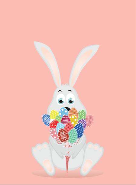 istock Cute rabbit with a bunch of Easter eggs. A hare with flowers. An invitation to a holiday. Vector. Free space for text 663871288