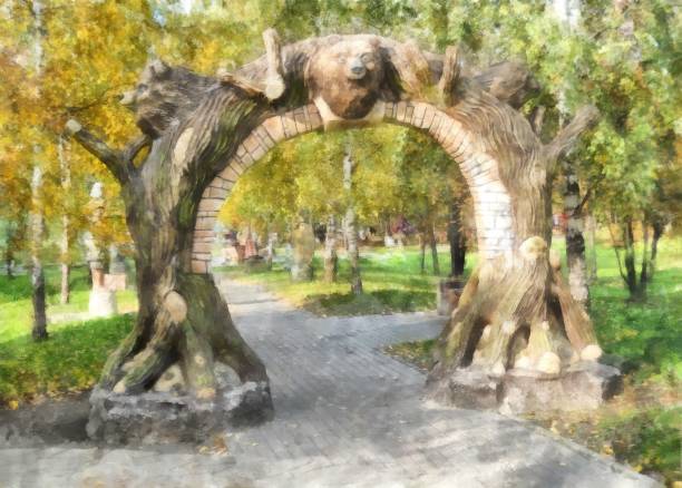 The path leading through the gate with figures of bears in the autumn park. Lawns with still green grass strewn with bright red and yellow leaves. Watercolor