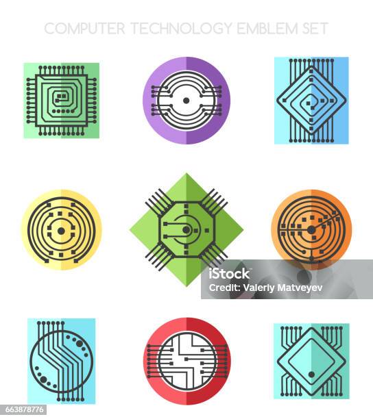 Computer Technology Smbol Computer Science Technology Emblem Set With Processors And Chips Stock ...