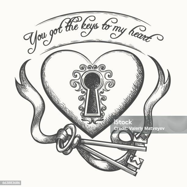 You Got The Keys To My Heart Vintage Hand Drawn Vector Illustration With Ribbon Isolated On White Background Stock Illustration - Download Image Now