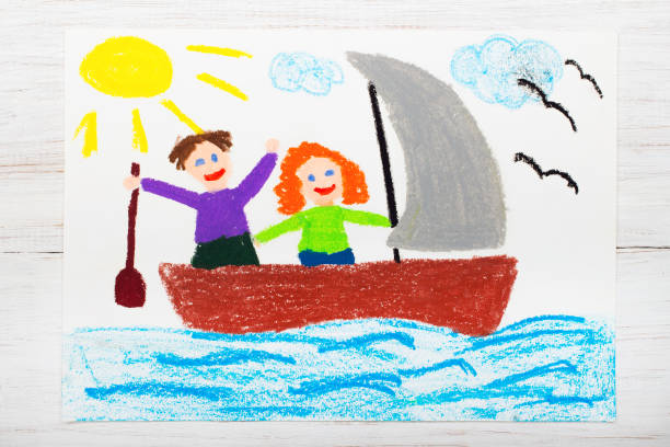 istock Colorful drawing: happy couple floating on a sailboat 663895000
