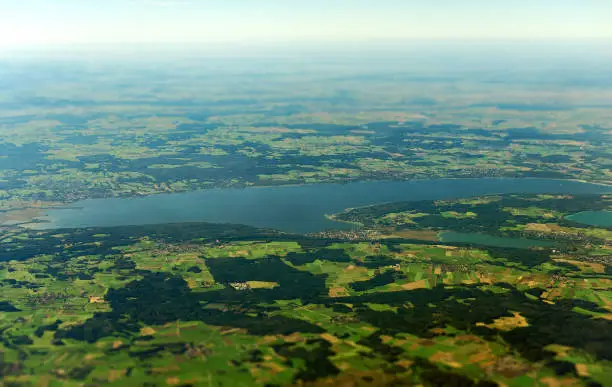Aerial view of lake Ammer in Upper Bavaria, Germany.