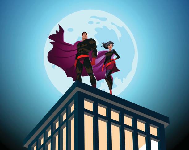 супергеройская пара. мужские и женские супергерои. облачное небо. иллюстрация вектора - superhero humor men cape stock illustrations