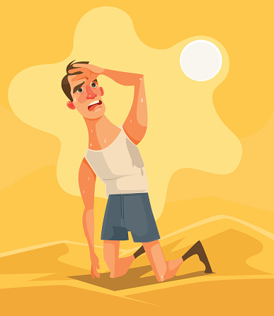 Hot weather and summer day. Tired unhappy man character in desert. Vector flat cartoon illustration