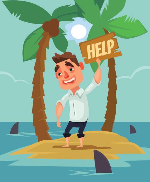 ilustrações de stock, clip art, desenhos animados e ícones de office worker man character lost on desert island between shark - stranded beached beach businessman
