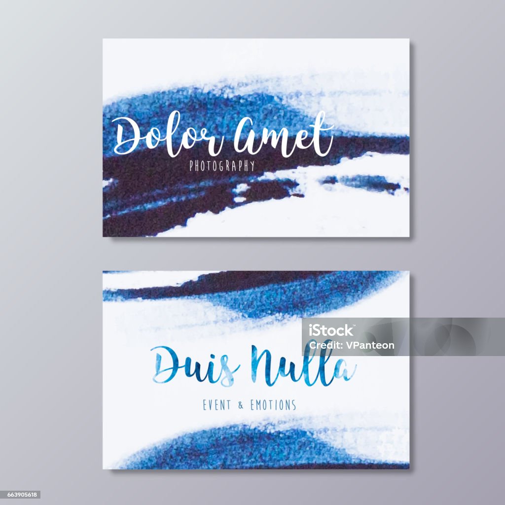 Premade wedding photography business card design vector templates. Premade photography business card design. Hand drawn abstract blue watercolor stroke texture and wedding event branding identity. Design stock vector