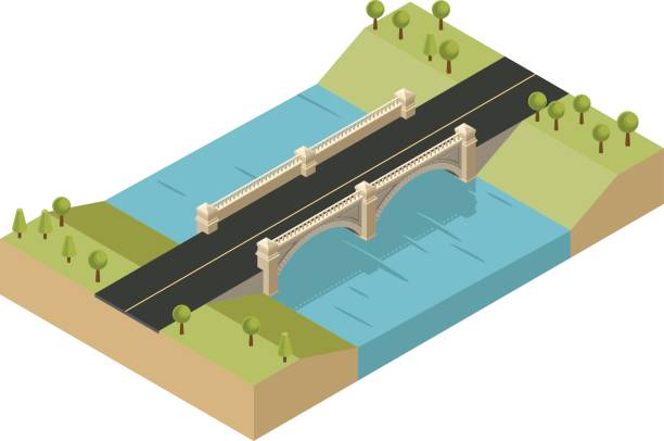 Isometric stone bridge, river and trees in tranquil scene.