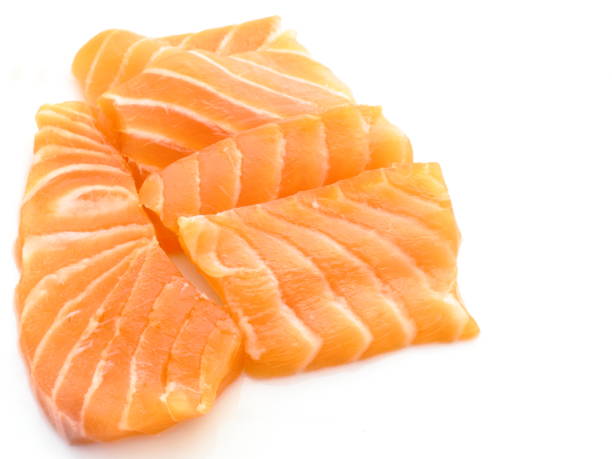 istock Pieces of fresh salmon slice on white background 663909744