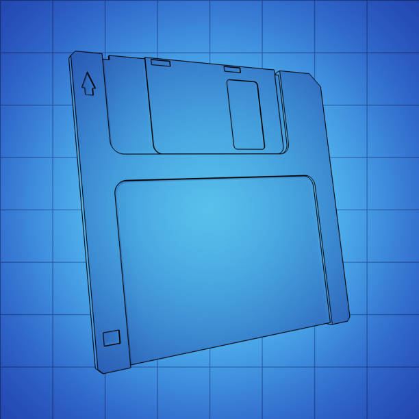istock Floppy Disk blue print, thin line illustration, black outline symbol on blue background, 3d rendering 663917818