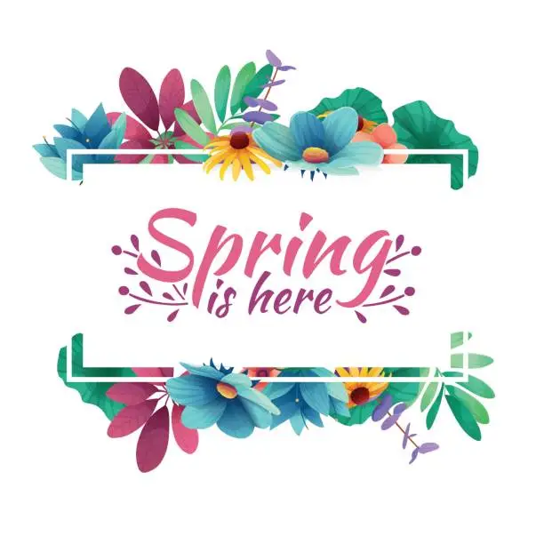 Vector illustration of Design banner with  spring is here Icon. Card for spring season with white frame and herb. Promotion offer with spring plants, leaves and flowers decoration.  Vector