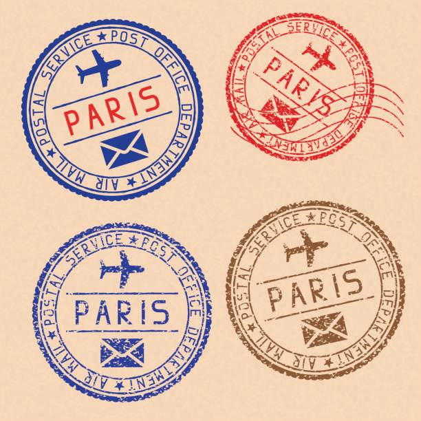 ilustraciones, imágenes clip art, dibujos animados e iconos de stock de colección de sellos postales de parís desapareció parcialmente sobre papel beige - postage stamp postmark mail paris france