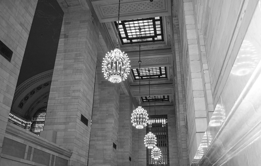 lights inside grand central station ny black and white