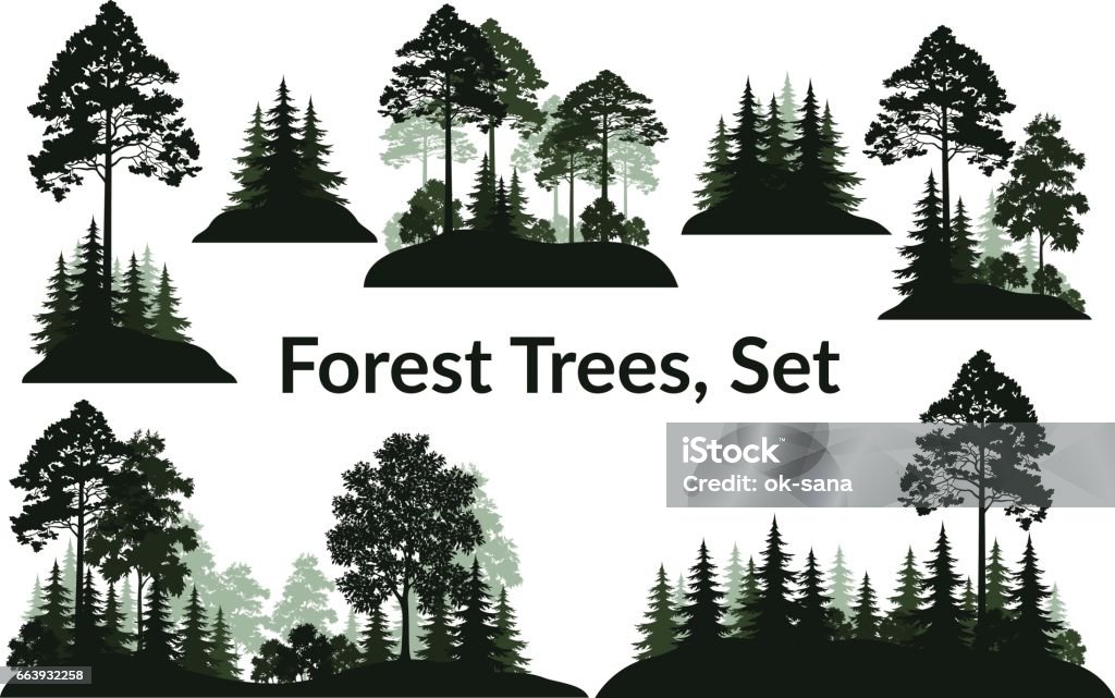 Landscapes, Trees Silhouettes Set Isolated on White Background Landscapes, Green Coniferous and Deciduous Trees and Bushes Silhouettes, Fir, Pine, Maple, Acacia, Lilac. Vector Forest stock vector