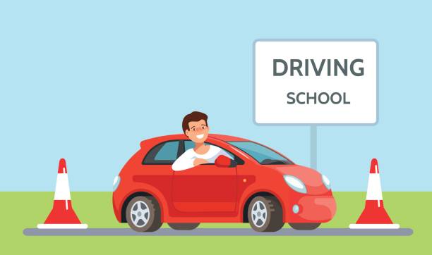 Vector illustration of happy young man siting in red driving school car outdoor in flat style Vector illustration of happy young man siting in red driving school car outdoor in flat style. Design concept drivers education. learn to drive stock illustrations