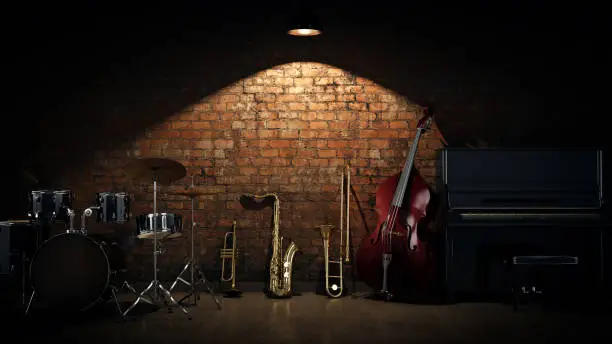 Photo of music instruments. 3D Rendering