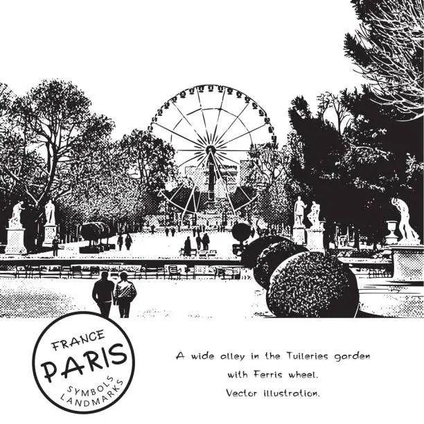 Vector illustration of Wide alley in the park with trees, people, sculptures and a Ferris wheel. The Tuileries garden in Paris, France. Vector illustration.