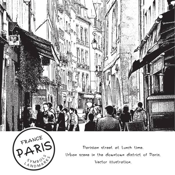Parisian street at Lunch time. Urban scene in the downtown district of Paris, France. Vector illustration. The result of auto-trace adapted for easy use. central european time stock illustrations