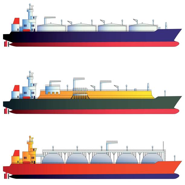 Oil tanker and gas tankers, LNG carriers. Vector illustration Oil tanker and gas tankers, LNG carriers. Vector illustration, isolated on white. Flat style, side-view silhouettes lng liquid natural gas stock illustrations