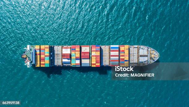 Container Ship In Import Export And Business Logisticby Crane Trade Port Shippingcargo To Harboraerial Viewwater Transportinternationalshell Marinetop View Stock Photo - Download Image Now