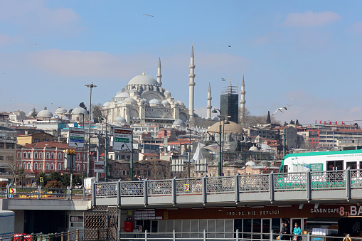 Eminonu square, Suleymaniye Mosque and Galata Bridge in Istanbul City view from Karakoy on March 23, 2017.