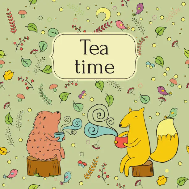 Vector illustration of cozy lable card for forest tea