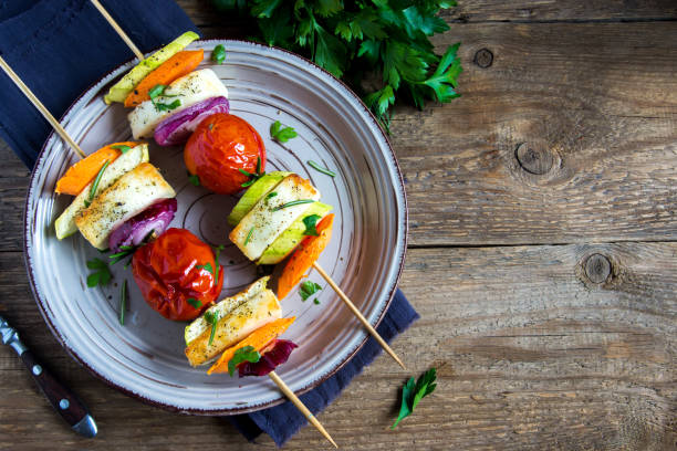 Halloumi cheese and vegetables grilled skewers