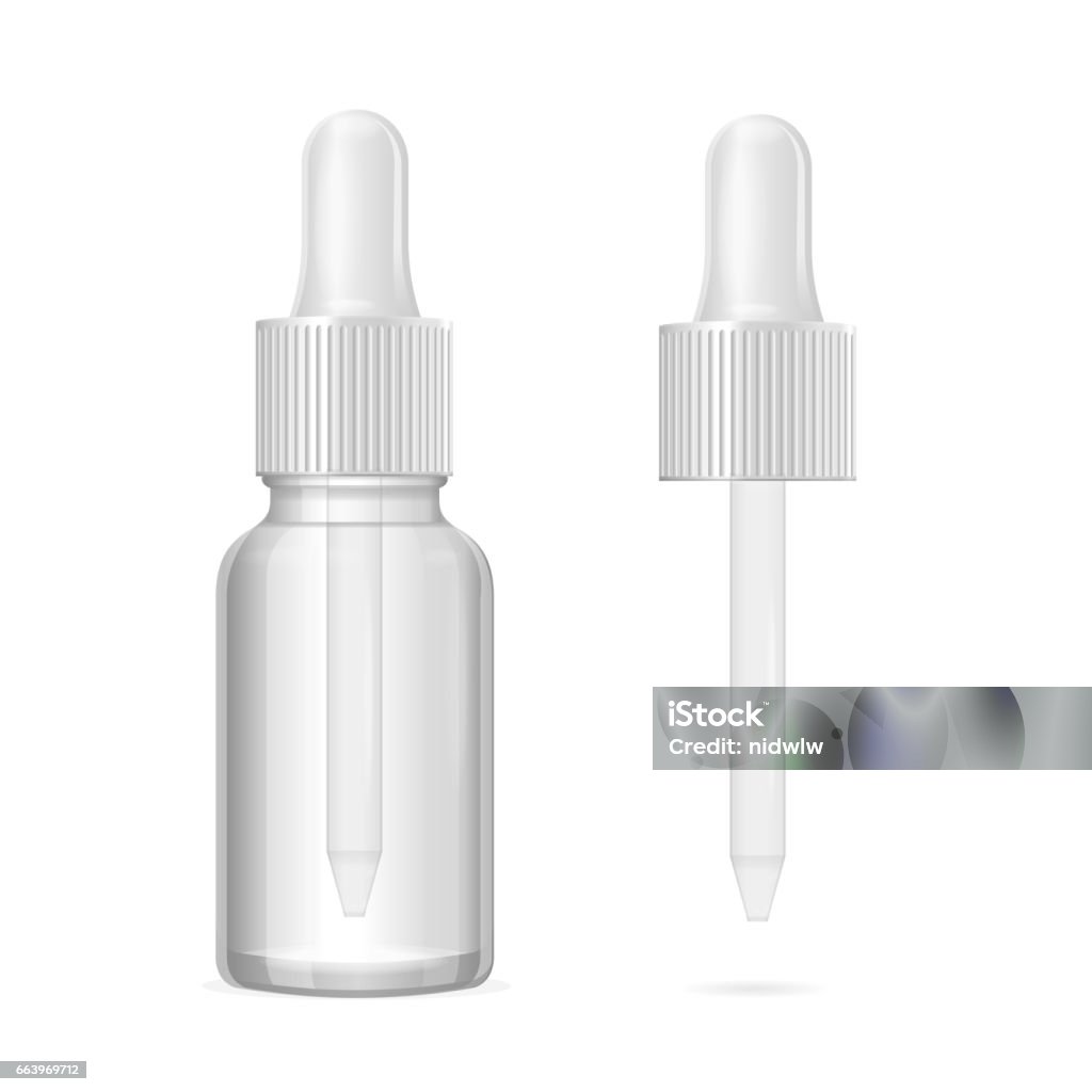 Bouteille vide modèle réaliste et compte-gouttes médecine. Vector - clipart vectoriel de Blanc libre de droits