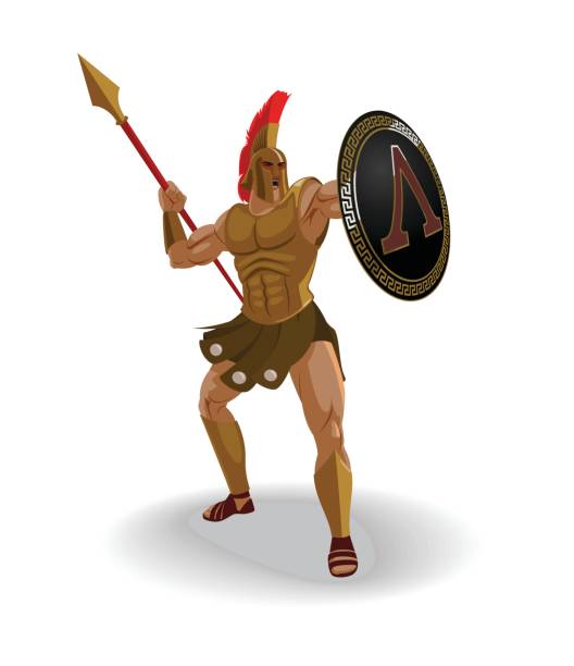 istock Angry spartan warrior with armor and hoplite shield shouted and throwing a spear 663969830