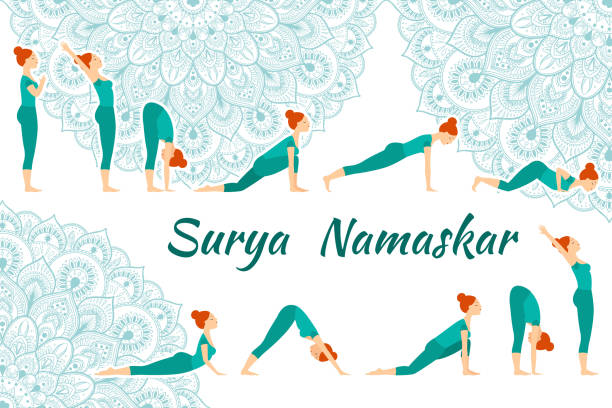 illustrations, cliparts, dessins animés et icônes de salutation au soleil complexe yoga surya namaskar - salutation au soleil