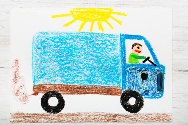 Colorful drawing: man in a blue truck
