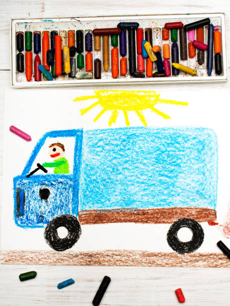istock Colorful drawing: man in a blue truck 663993910