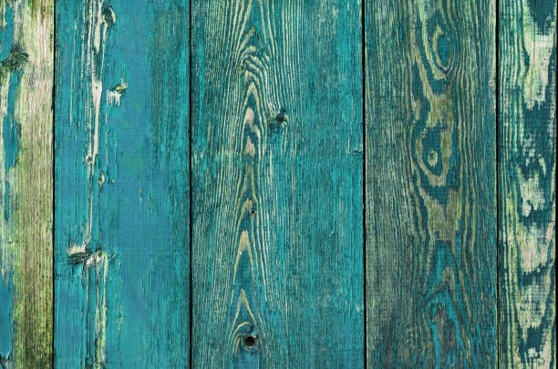 istock Cracked weathered green and blue painted wooden board texture, front view 664004566