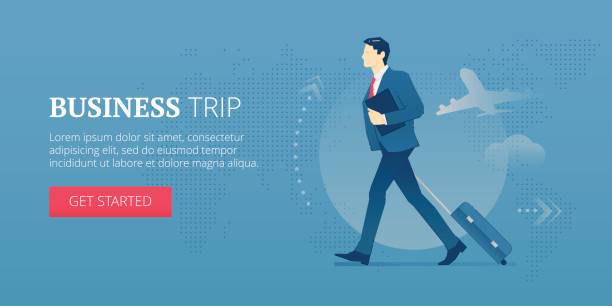 Business trip web banner Businessman carrying a luggage with wheels during business travel. Vector illustration of business journey. Banner template of business processes business travel stock illustrations
