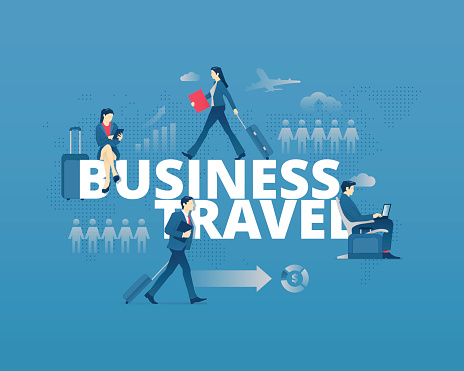 Visual metaphor of world business trip. Men and women faceless characters in action around word BUSINESS TRAVEL. Vector illustration isolated on blue background