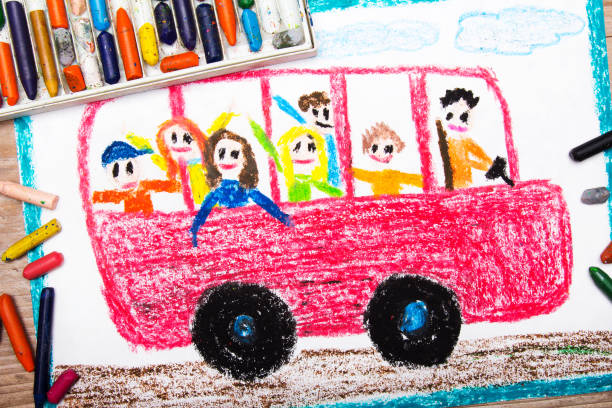 istock Colorful drawing - red school bus with happy children inside 664007424