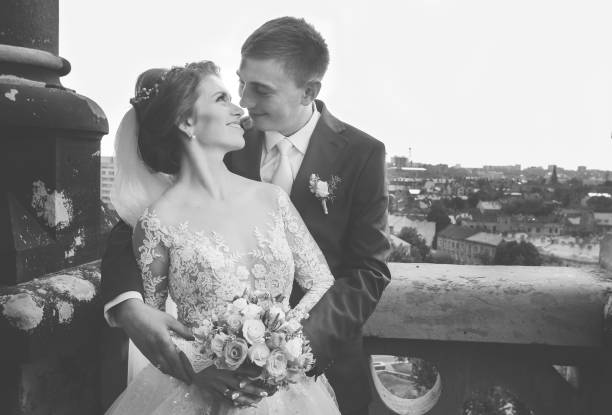 Wedding couple smiling to each other