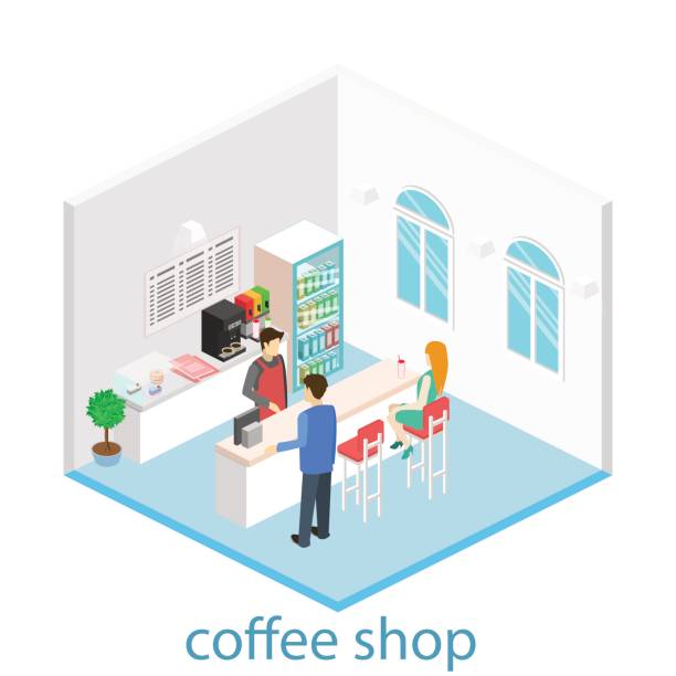 ilustraciones, imágenes clip art, dibujos animados e iconos de stock de isométrica interior de cafetería. - isometric people cafe coffee shop