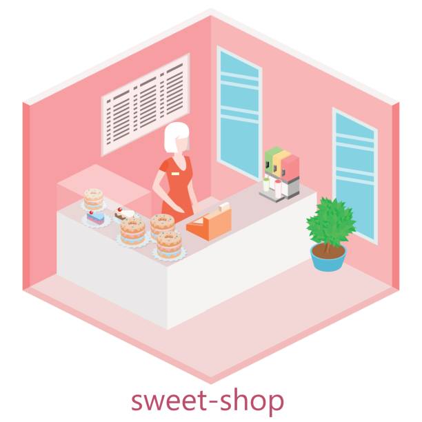 菓子屋の等尺性のインテリア。テーブルに座る人と食べる。 - isometric people cafe coffee shop点のイラスト素材／クリップアート素材／マンガ素材／アイコン素材