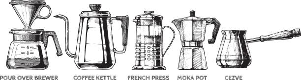 set of Coffee preparation Vector hand drawn illustration set of coffee preparation. Pour over brewer, coffee kettle, french press, moka pot and cezve. cezve stock illustrations