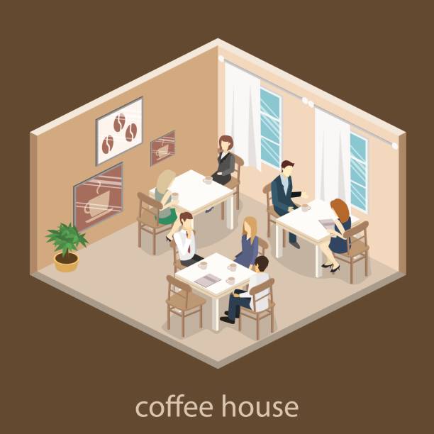 ilustraciones, imágenes clip art, dibujos animados e iconos de stock de isométrica interior de cafetería. diseño isométrico plano 3d interiores café o restaurante. las personas se sientan en mesas y comerán. - isometric people cafe coffee shop