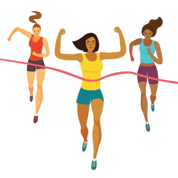 ilustrações de stock, clip art, desenhos animados e ícones de dynamic running girls crossing finish line - female muscular build athlete exercising