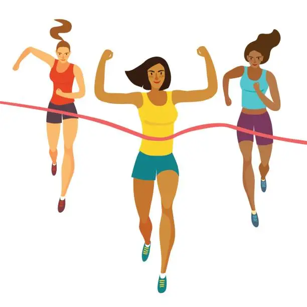 Vector illustration of Dynamic running girls crossing finish line