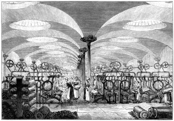 pracownicy i maszyny w lnianie (rycerowanie wiktoriańskie) - engraving women engraved image british culture stock illustrations