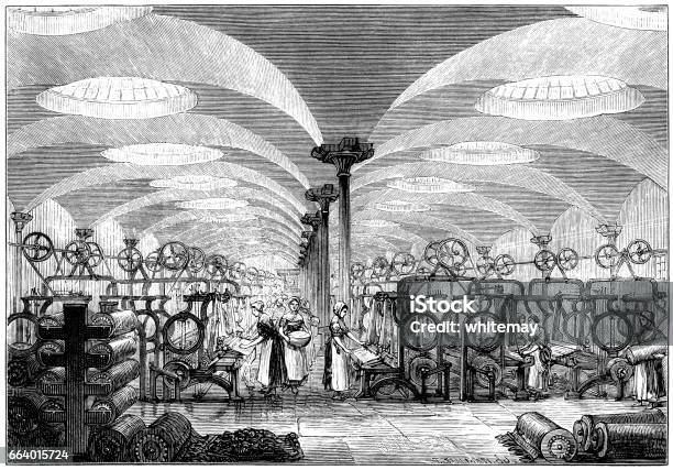 Workers And Machinery In A Flax Mill Stock Illustration - Download Image Now