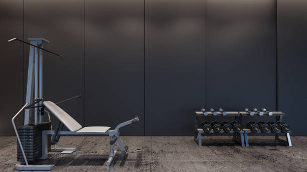 Modern gym with black wall / 3D Rendering Dumbbell rack and machines are placed in gym gym backgrounds stock illustrations
