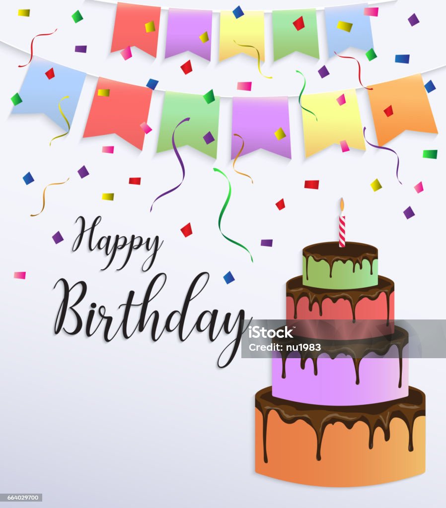 Happy Birthday Card Design With Colorful Big Cake Stock ...