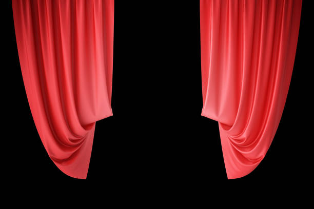 istock Red velvet stage curtains, scarlet theatre drapery. Silk classical curtains, red theater curtain. 3d rendering 664033100