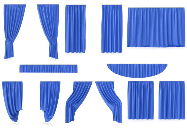 Luxury blue silk velvet curtains decoration design, ideas, set collection isolated on white background. 3d rendering vector art illustration