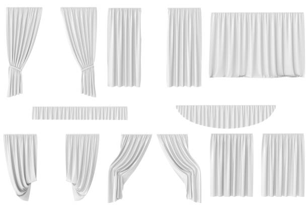 istock Luxury white silk velvet curtains decoration design, ideas, set collection isolated on white background. 3d rendering 664033130